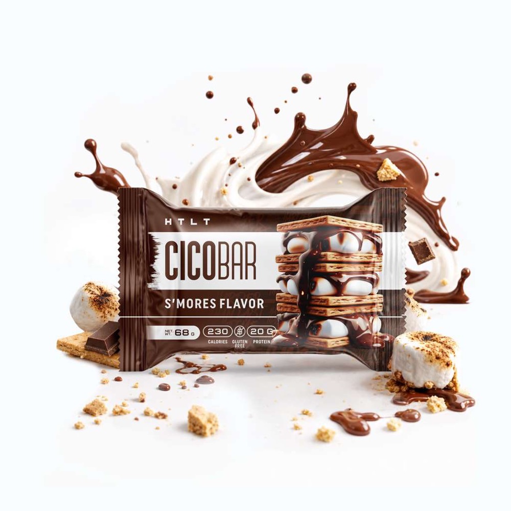 HTLT CICO Bar S'Mores flavor wrapper with marshmallows and chocolate.