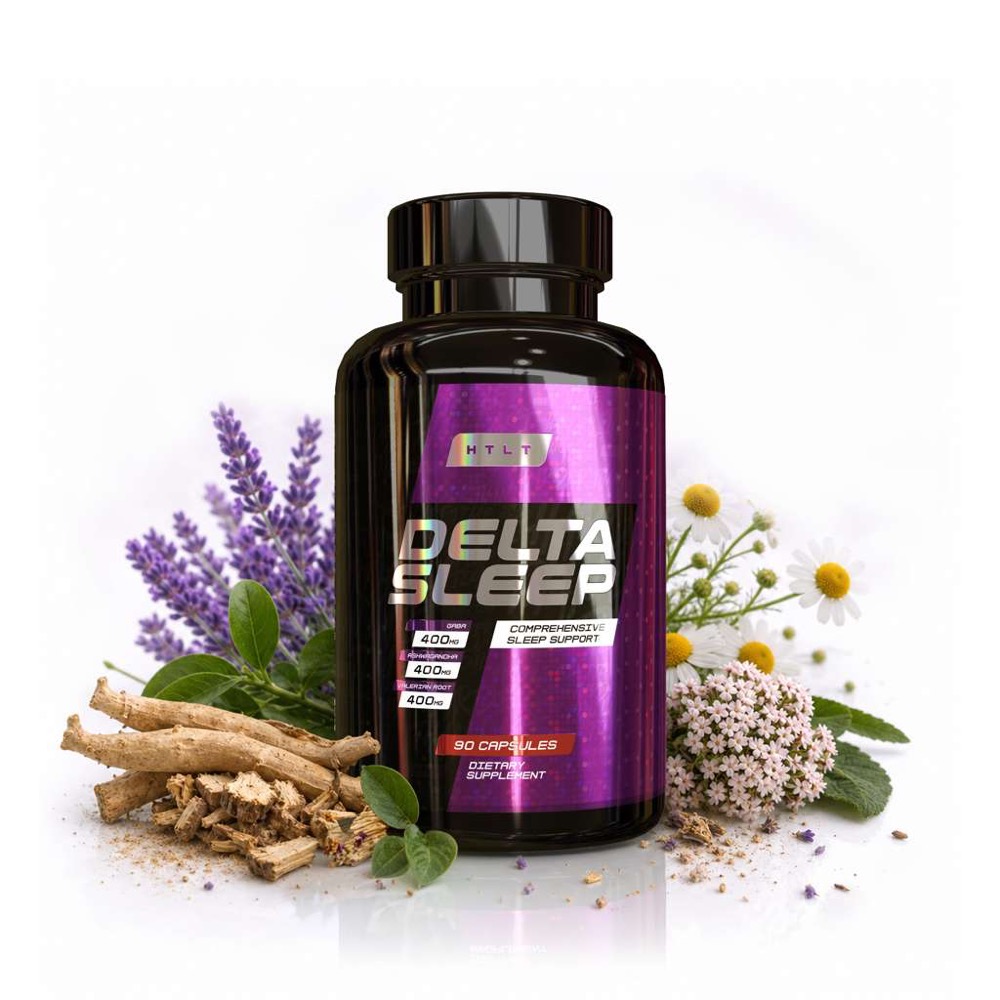 HTLT Delta Sleep bottle with purple label and botanical display.