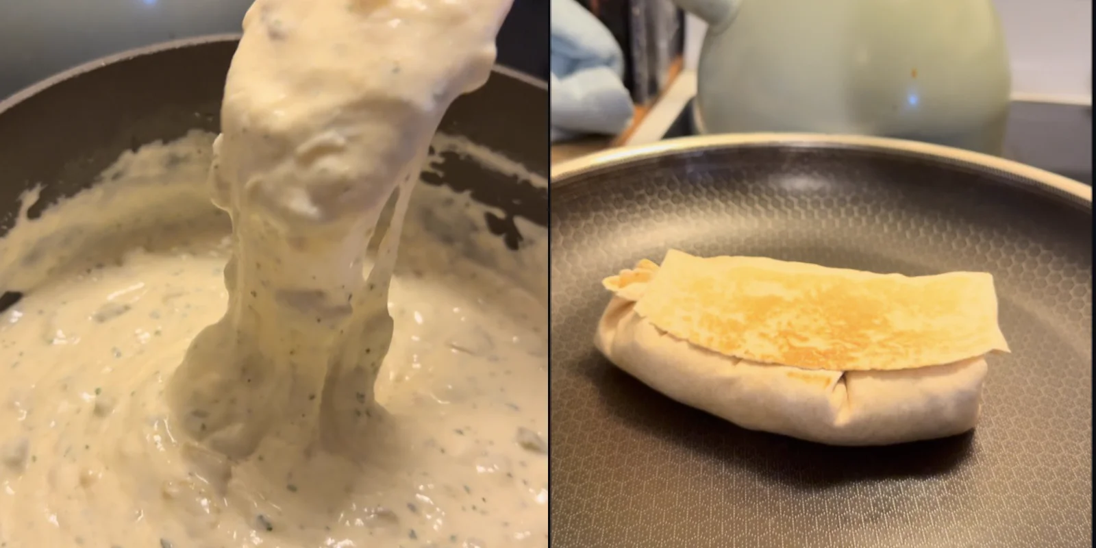 Cheesy jalapeño ranch sauce beside a burrito toasting in a skillet.